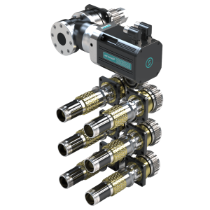Complex assembly of hydraulic connectors and valves.