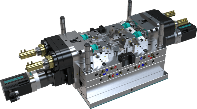 Two double unscrewing units on a four-cavity mould